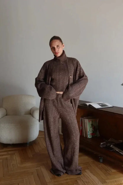 Elegant V-Neck Cable Knit Top Tank Pants Three Piece Set