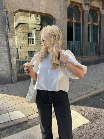 Elegant White Satin Short O-neck Female Lady Blouse