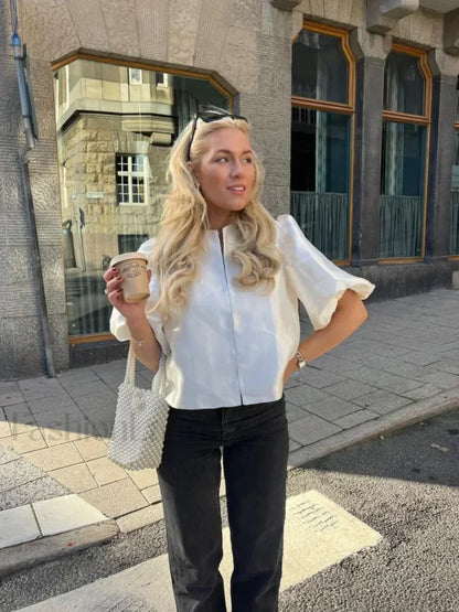 Elegant White Satin Short O-neck Female Lady Blouse