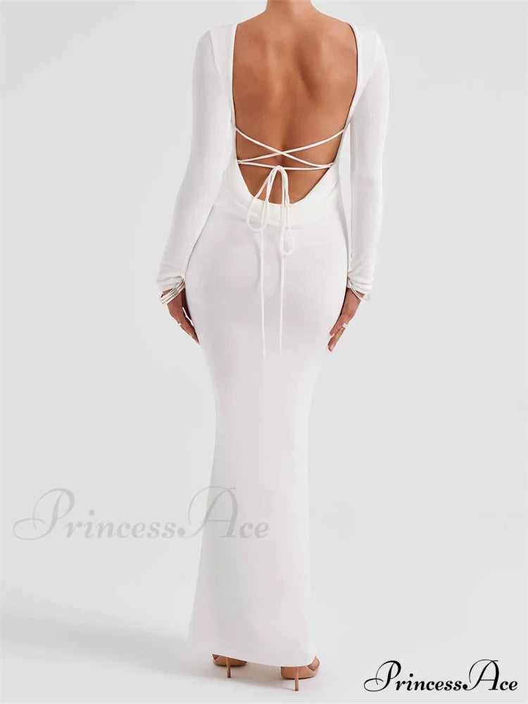 Elegant Women Party Backless Criss-cross Tie-up Bodycon Formal Club Sleeve Solid Female Vestido