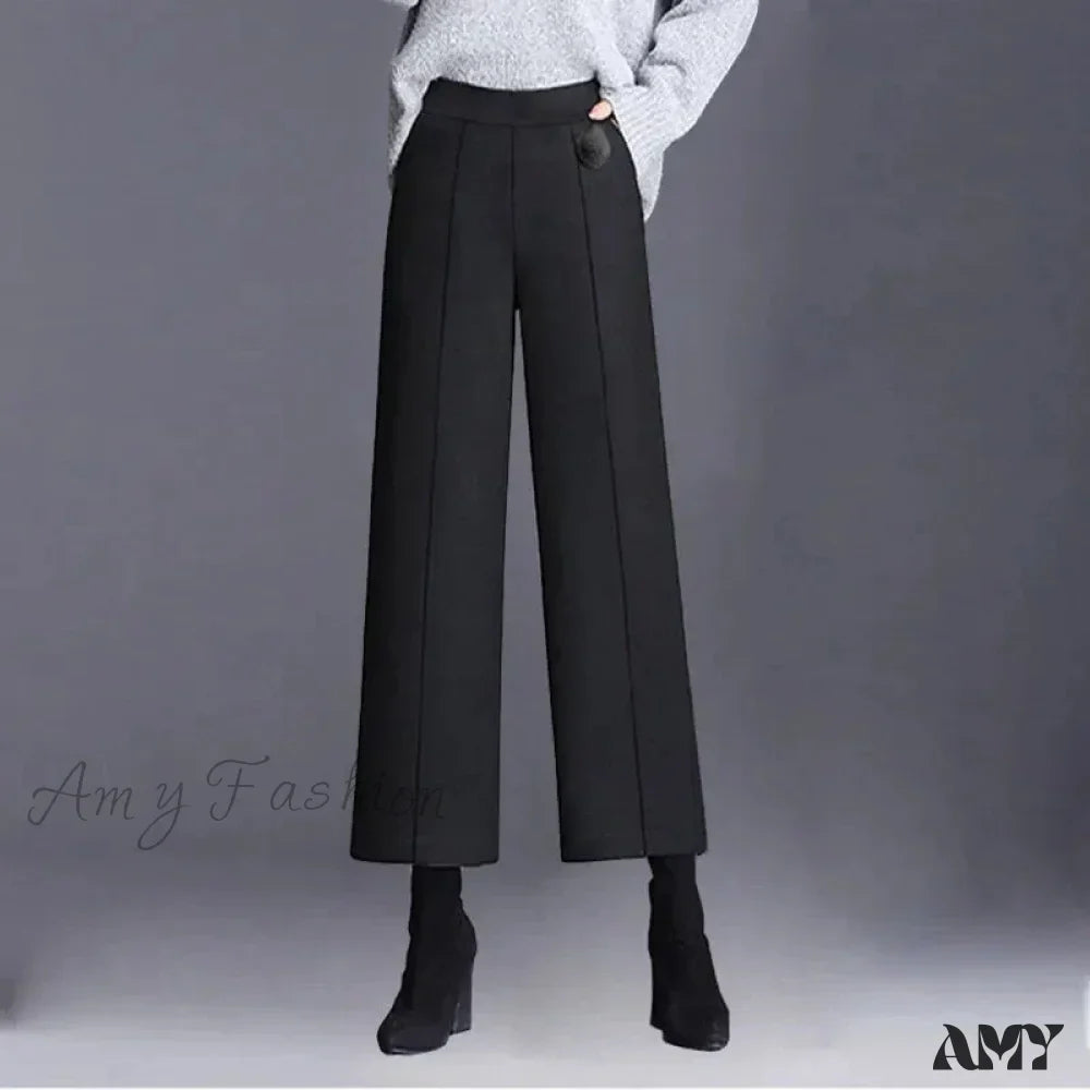 Elegant Woolen Blend Wide Leg High Waist Office Pants