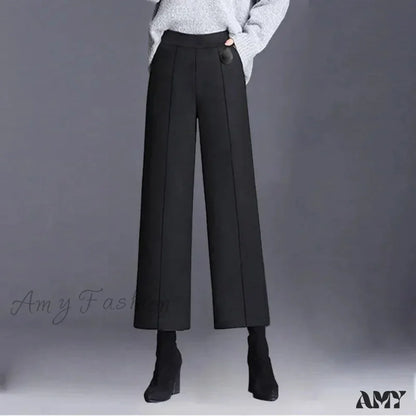 Elegant Woolen Blend Wide Leg High Waist Office Pants
