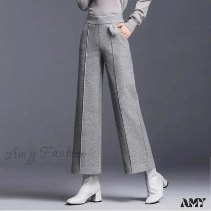 Elegant Woolen Blend Wide Leg High Waist Office Pants