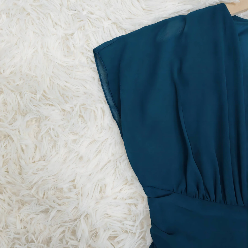 Chiffon Deep V-Neck Flutter Sleeve Ruched Waist High Low Midi Dress
