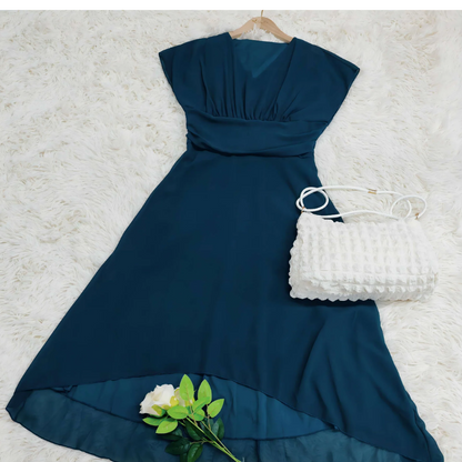 Chiffon Deep V-Neck Flutter Sleeve Ruched Waist High Low Midi Dress