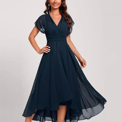 Chiffon Deep V-Neck Flutter Sleeve Ruched Waist High Low Midi Dress
