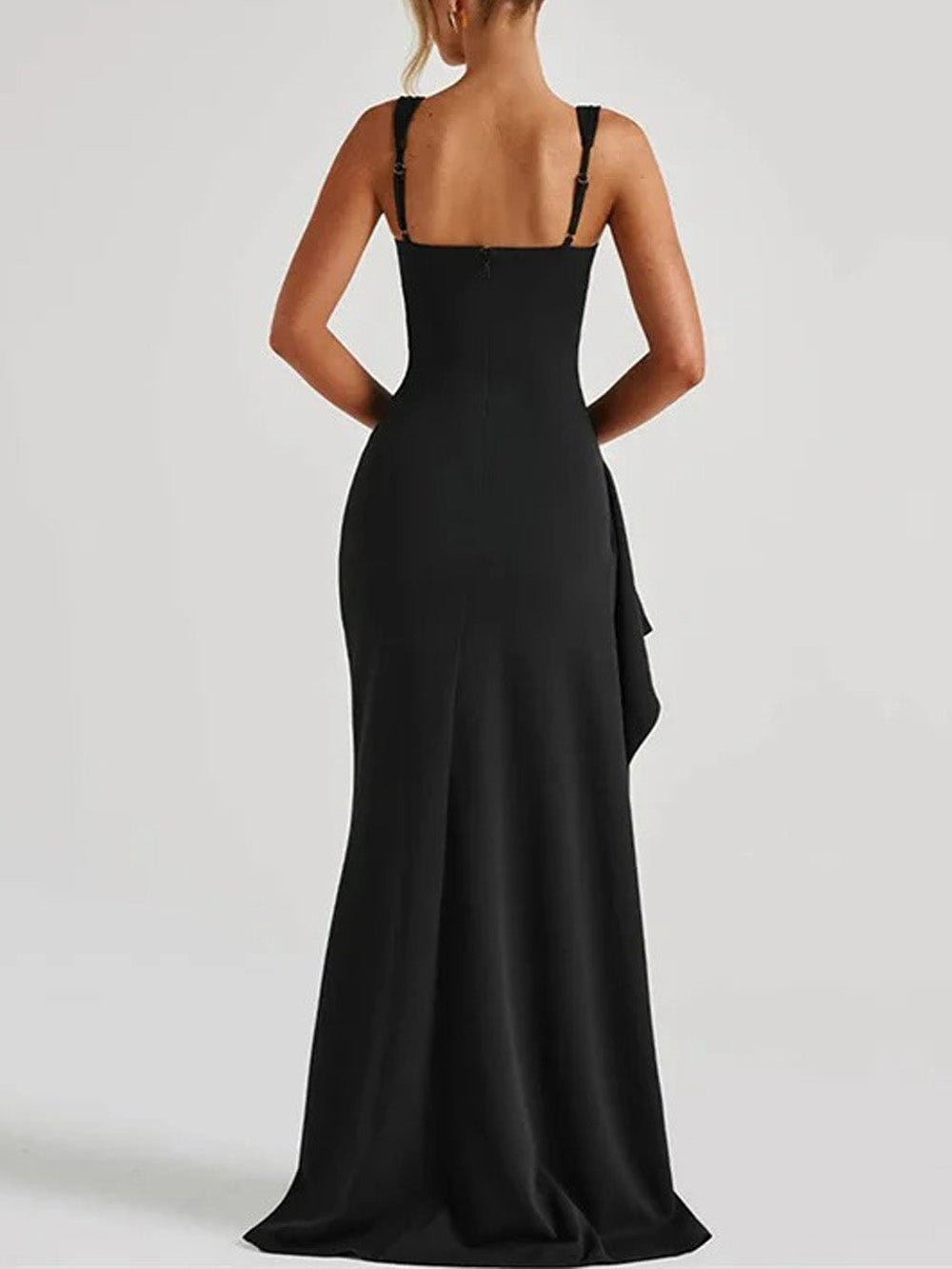 Square Neck Wide Strap Ruched Bust Cascading Ruffle Trim High Slit Maxi Dress