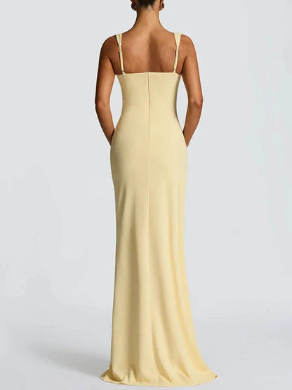 Square Neck Wide Strap Ruched Bust Cascading Ruffle Trim High Slit Maxi Dress
