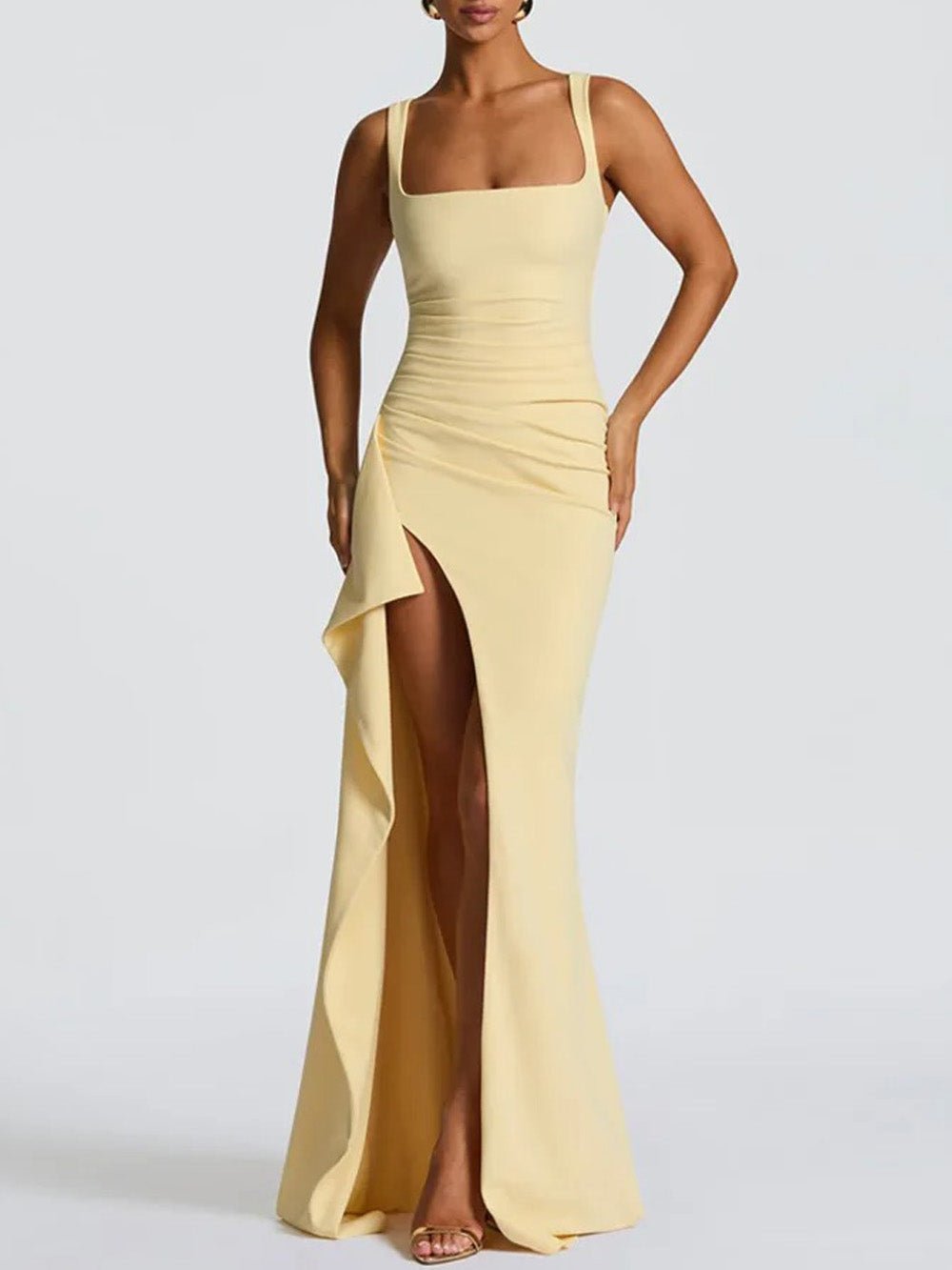 Square Neck Wide Strap Ruched Bust Cascading Ruffle Trim High Slit Maxi Dress