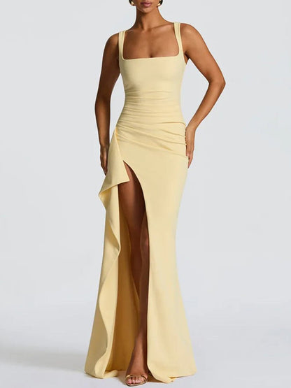 Square Neck Wide Strap Ruched Bust Cascading Ruffle Trim High Slit Maxi Dress