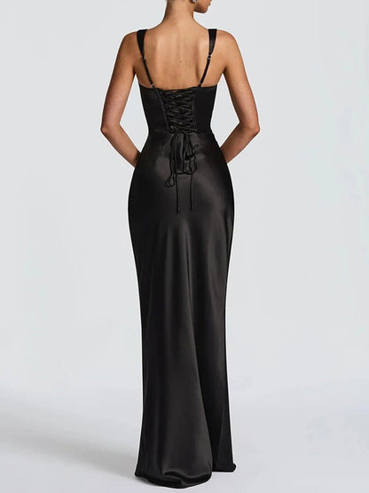 Square Neck Wide Strap Ruched Draped Satin Column Maxi Dress