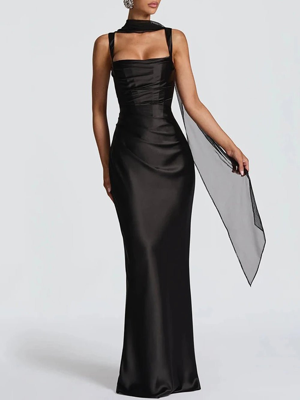 Square Neck Wide Strap Ruched Draped Satin Column Maxi Dress