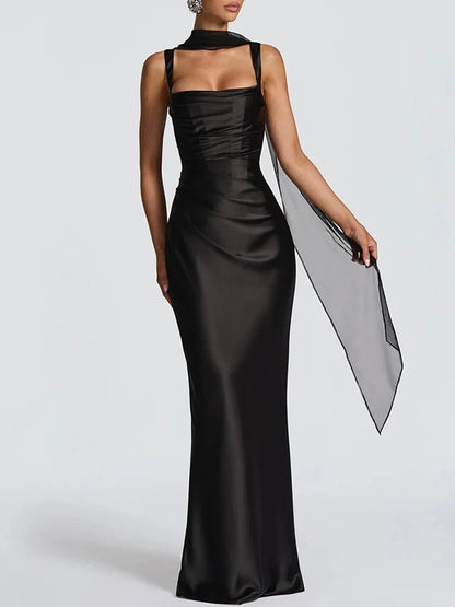 Square Neck Wide Strap Ruched Draped Satin Column Maxi Dress