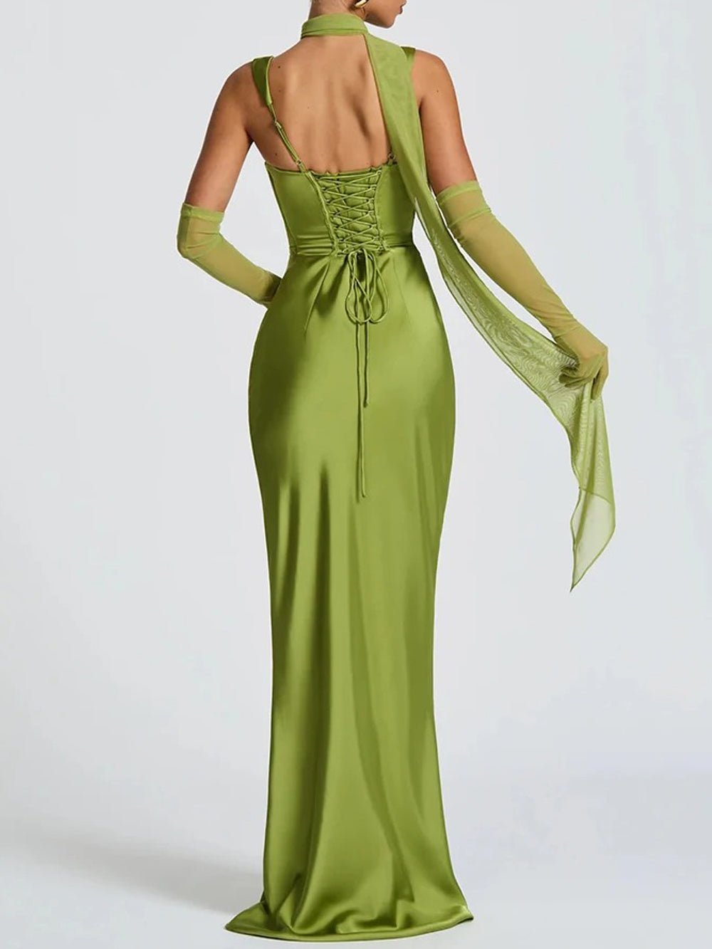 Square Neck Wide Strap Ruched Draped Satin Column Maxi Dress