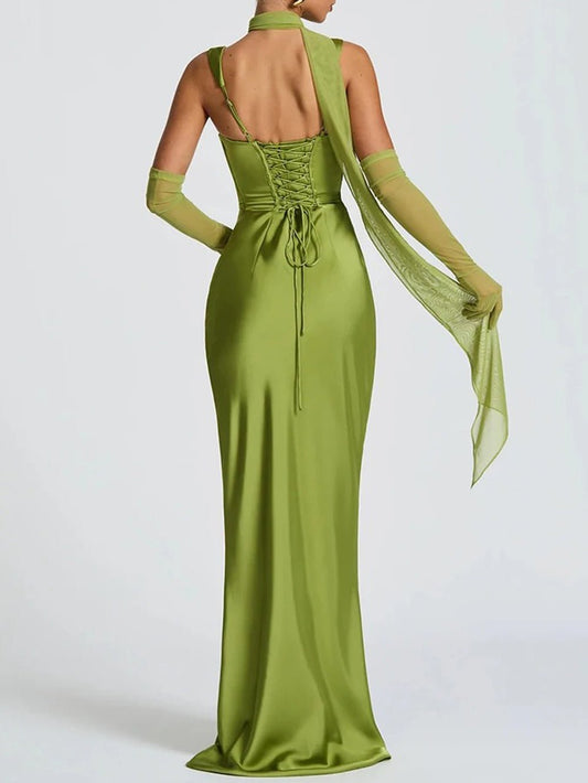 Square Neck Wide Strap Ruched Draped Satin Column Maxi Dress