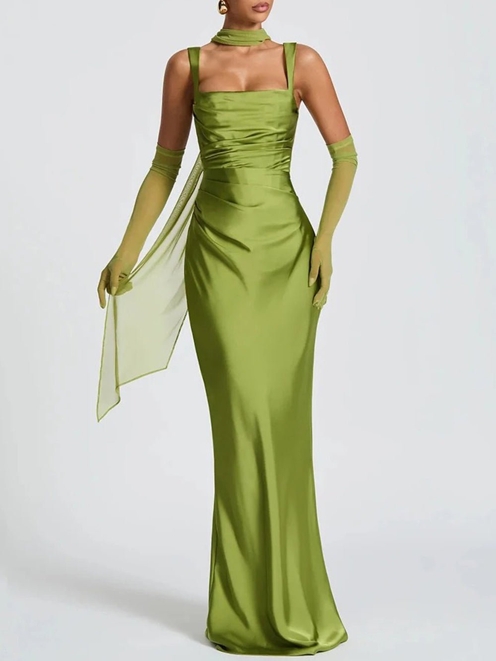 Square Neck Wide Strap Ruched Draped Satin Column Maxi Dress