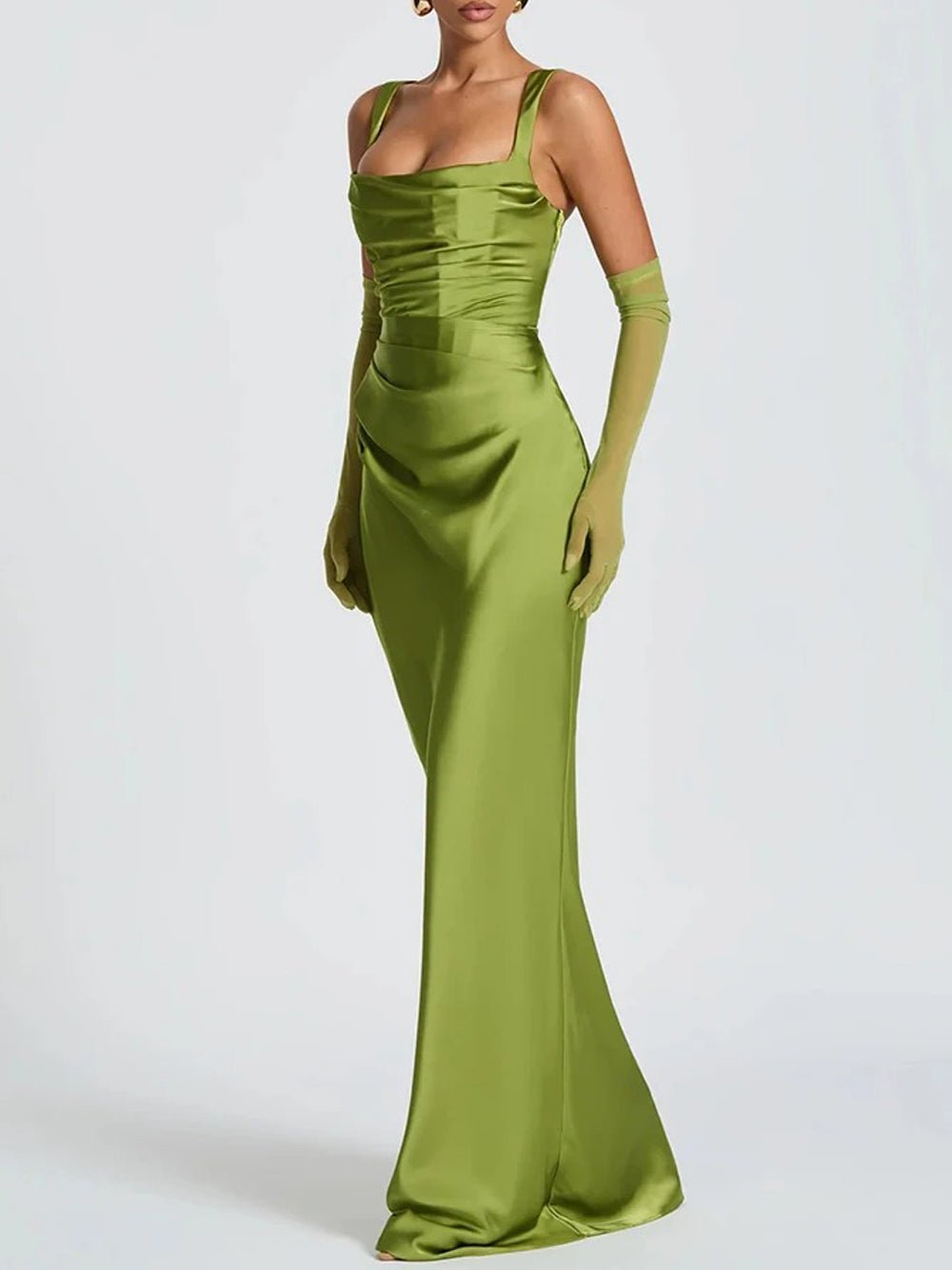 Square Neck Wide Strap Ruched Draped Satin Column Maxi Dress