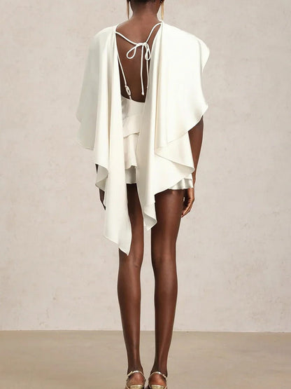 One-Shoulder Cape Detail Tiered Ruffle Hem Structured Mini Dress