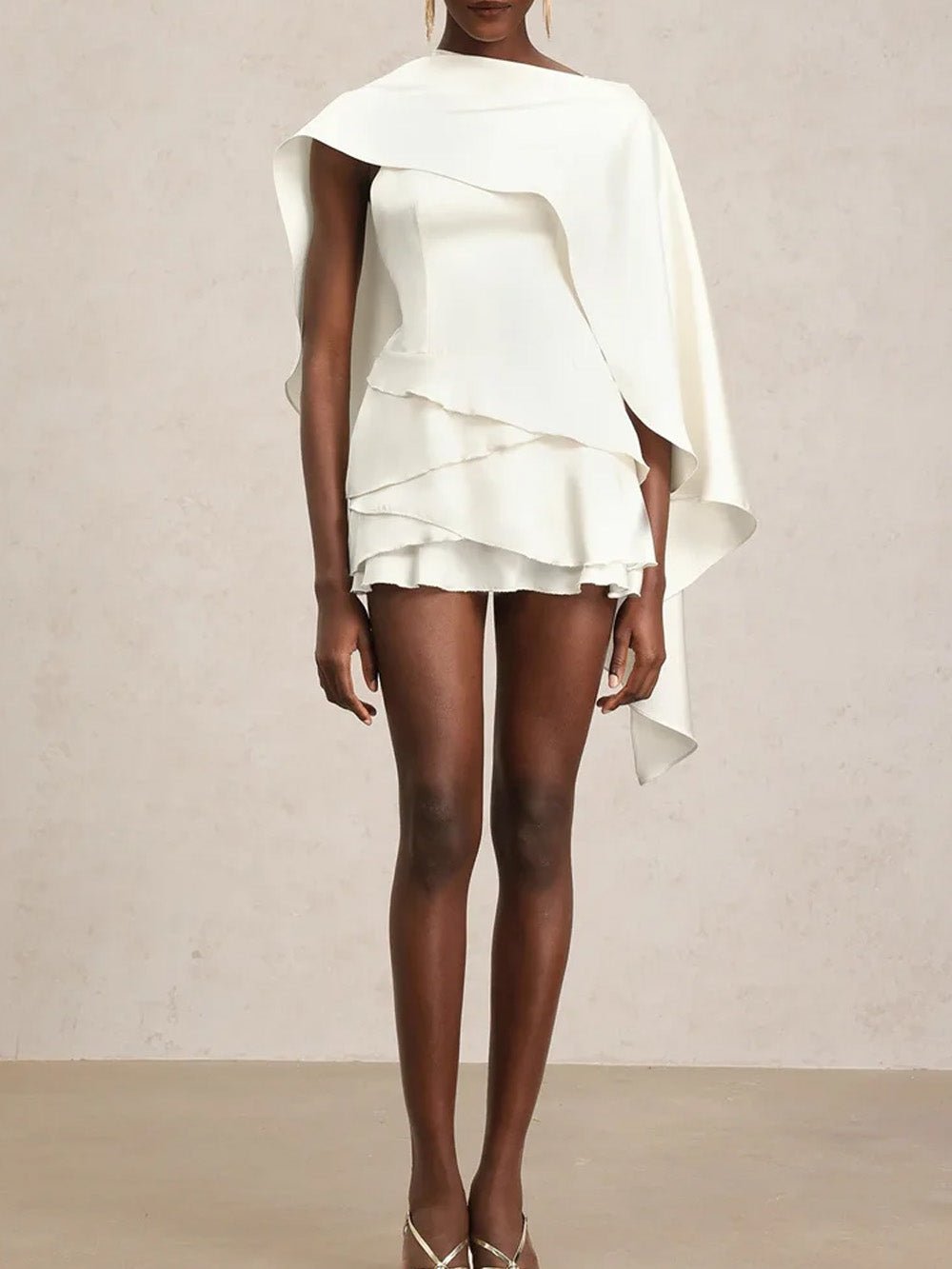 One-Shoulder Cape Detail Tiered Ruffle Hem Structured Mini Dress
