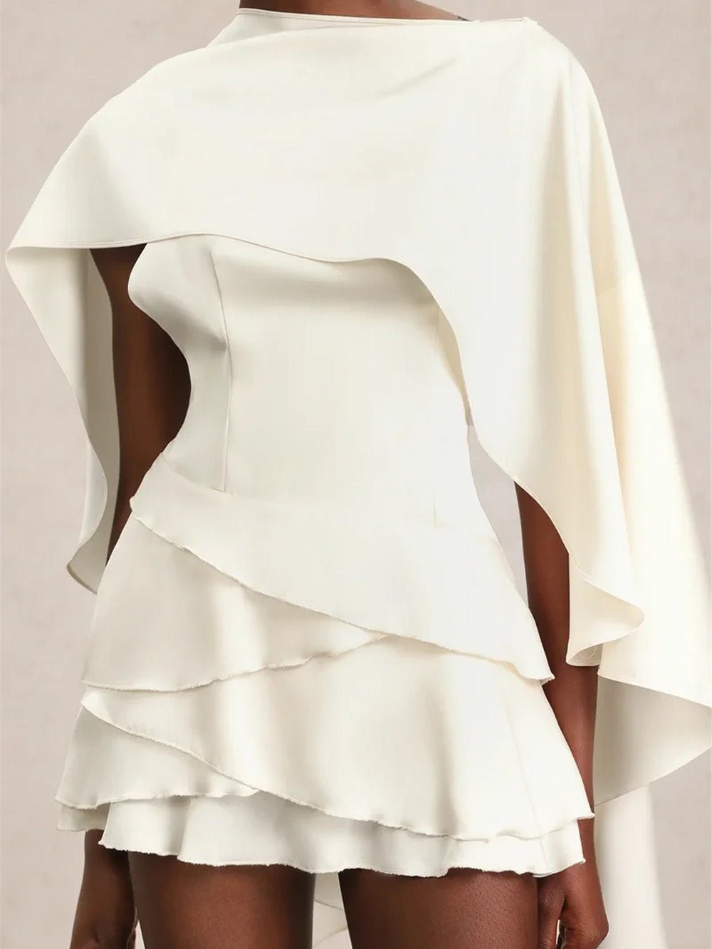 One-Shoulder Cape Detail Tiered Ruffle Hem Structured Mini Dress