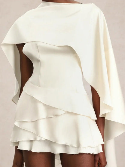 One-Shoulder Cape Detail Tiered Ruffle Hem Structured Mini Dress