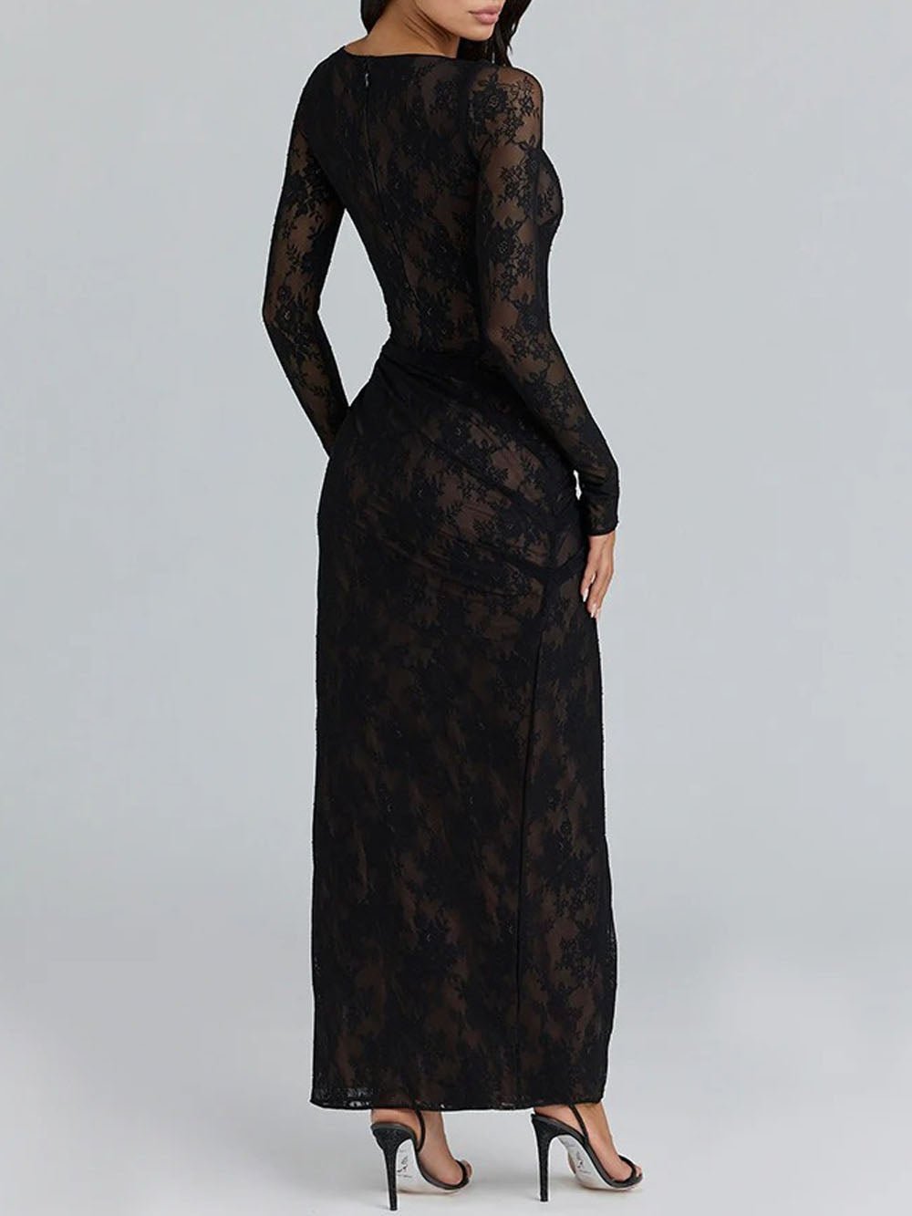 Floral Lace Boat Neck Long Sleeve Ruched Hip High Slit Maxi Dress