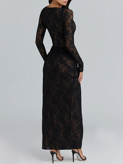 Floral Lace Boat Neck Long Sleeve Ruched Hip High Slit Maxi Dress