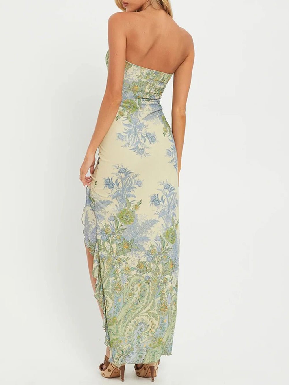 Strapless Floral Print High Split Ruffle Lettuce Edge Bodycon Maxi Dress