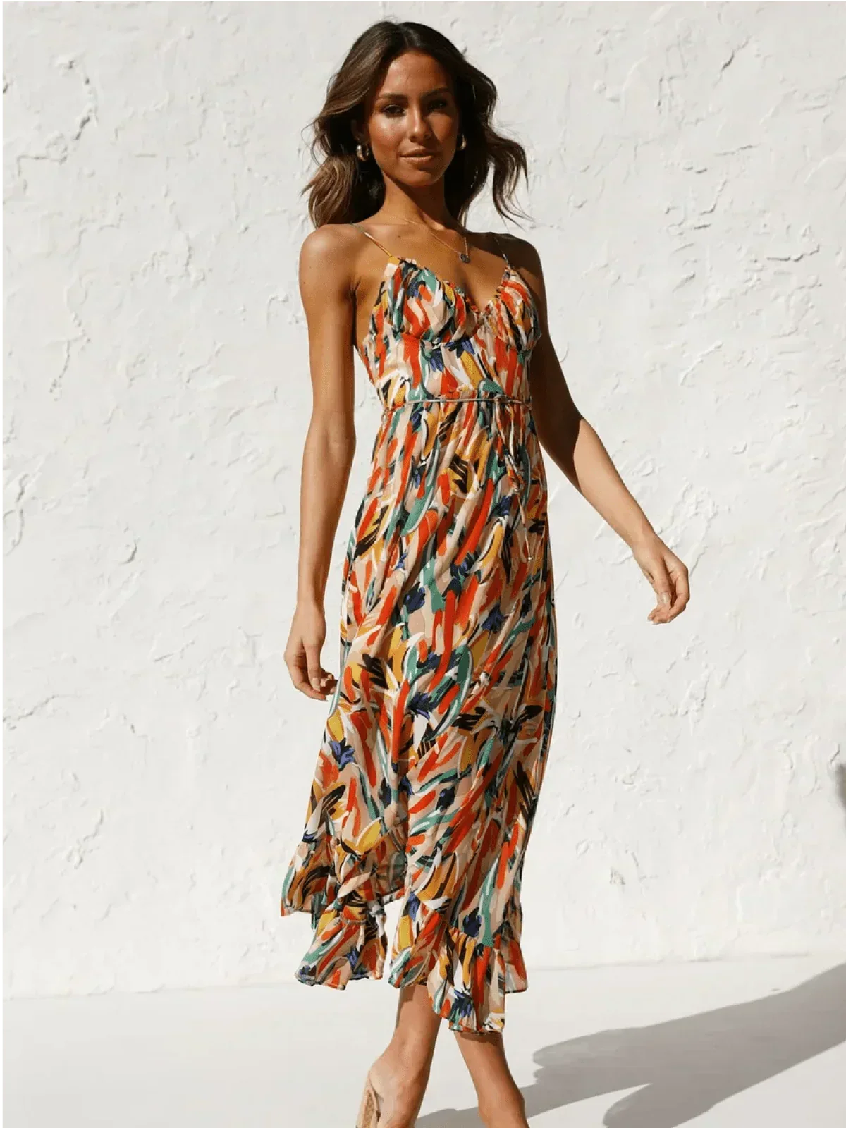 Abstract Brushstroke Print Spaghetti Strap Ruffle Hem Midi Dress