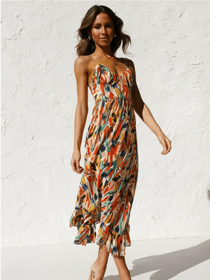 Abstract Brushstroke Print Spaghetti Strap Ruffle Hem Midi Dress