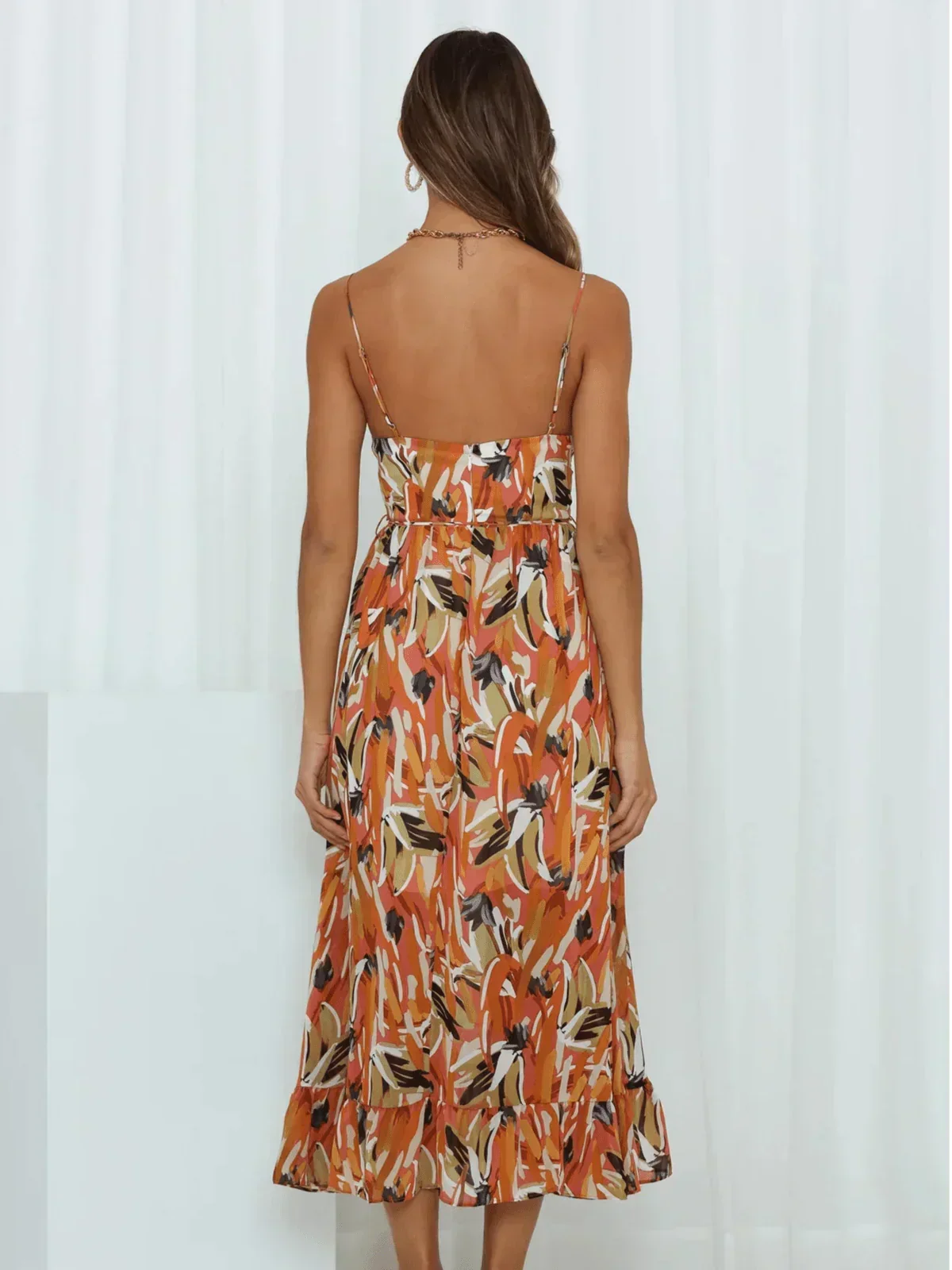 Abstract Brushstroke Print Spaghetti Strap Ruffle Hem Midi Dress
