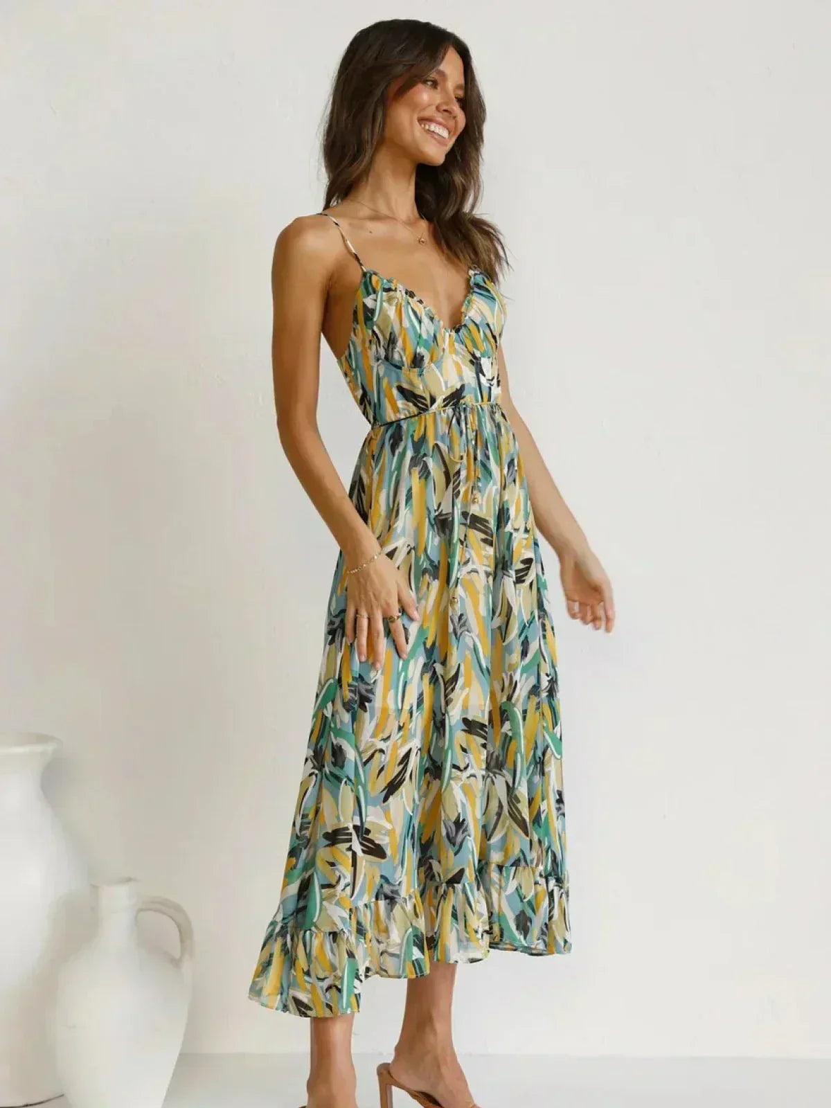 Abstract Brushstroke Print Spaghetti Strap Ruffle Hem Midi Dress
