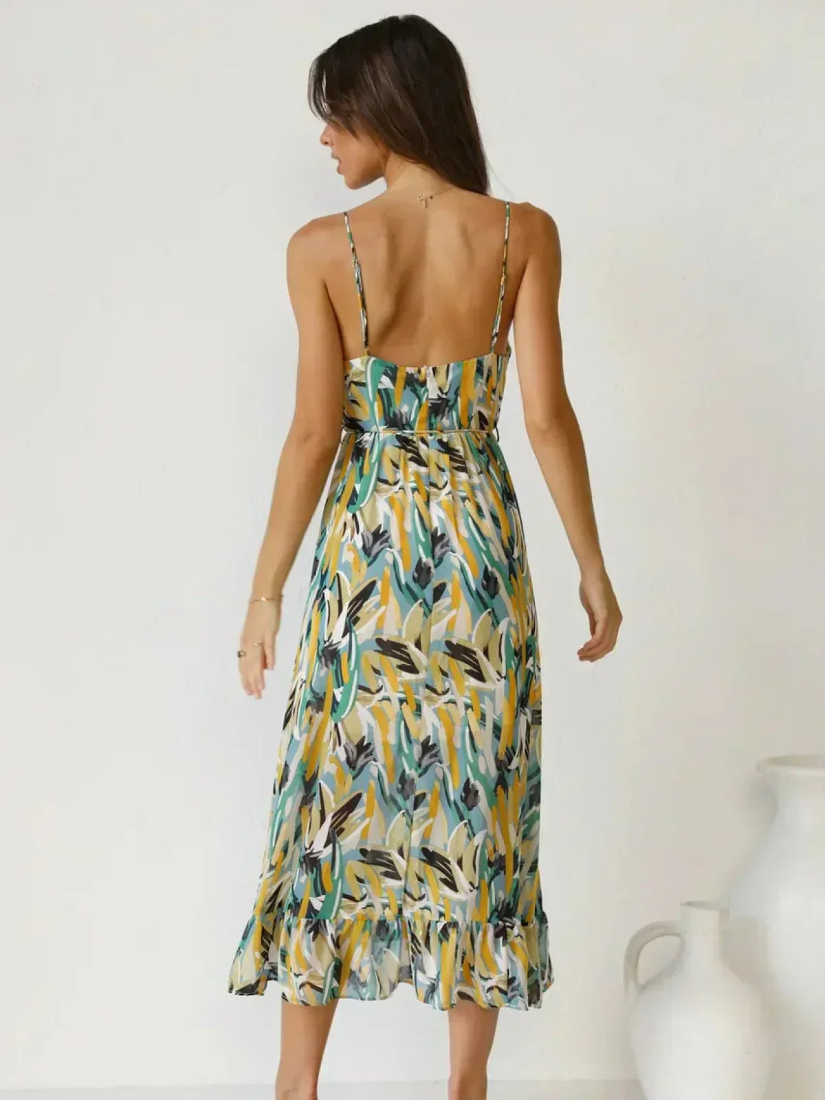 Abstract Brushstroke Print Spaghetti Strap Ruffle Hem Midi Dress