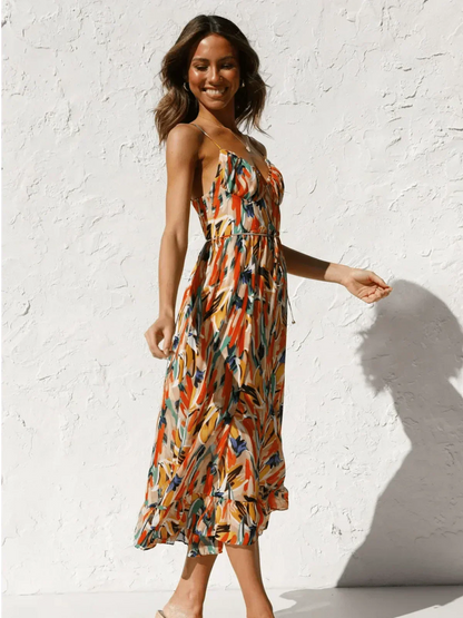 Abstract Brushstroke Print Spaghetti Strap Ruffle Hem Midi Dress