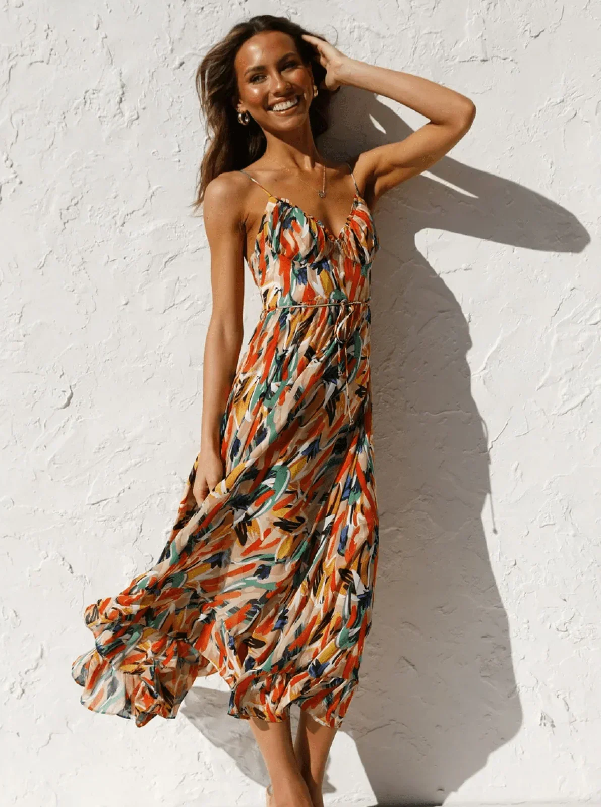 Abstract Brushstroke Print Spaghetti Strap Ruffle Hem Midi Dress