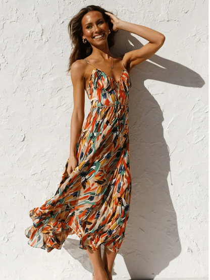 Abstract Brushstroke Print Spaghetti Strap Ruffle Hem Midi Dress