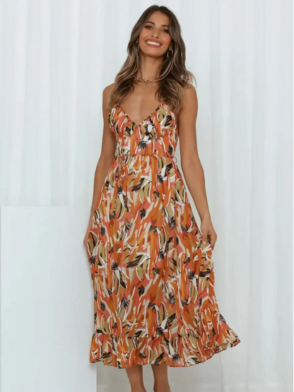Abstract Brushstroke Print Spaghetti Strap Ruffle Hem Midi Dress
