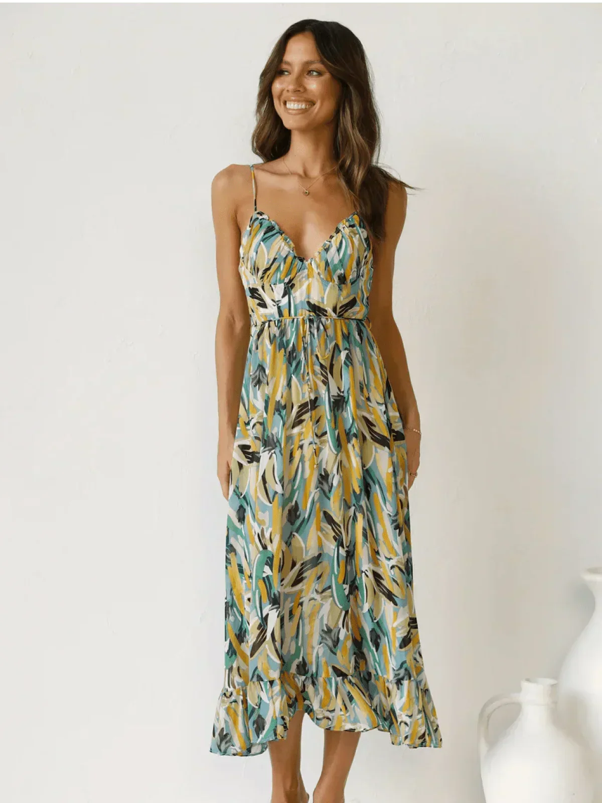 Abstract Brushstroke Print Spaghetti Strap Ruffle Hem Midi Dress