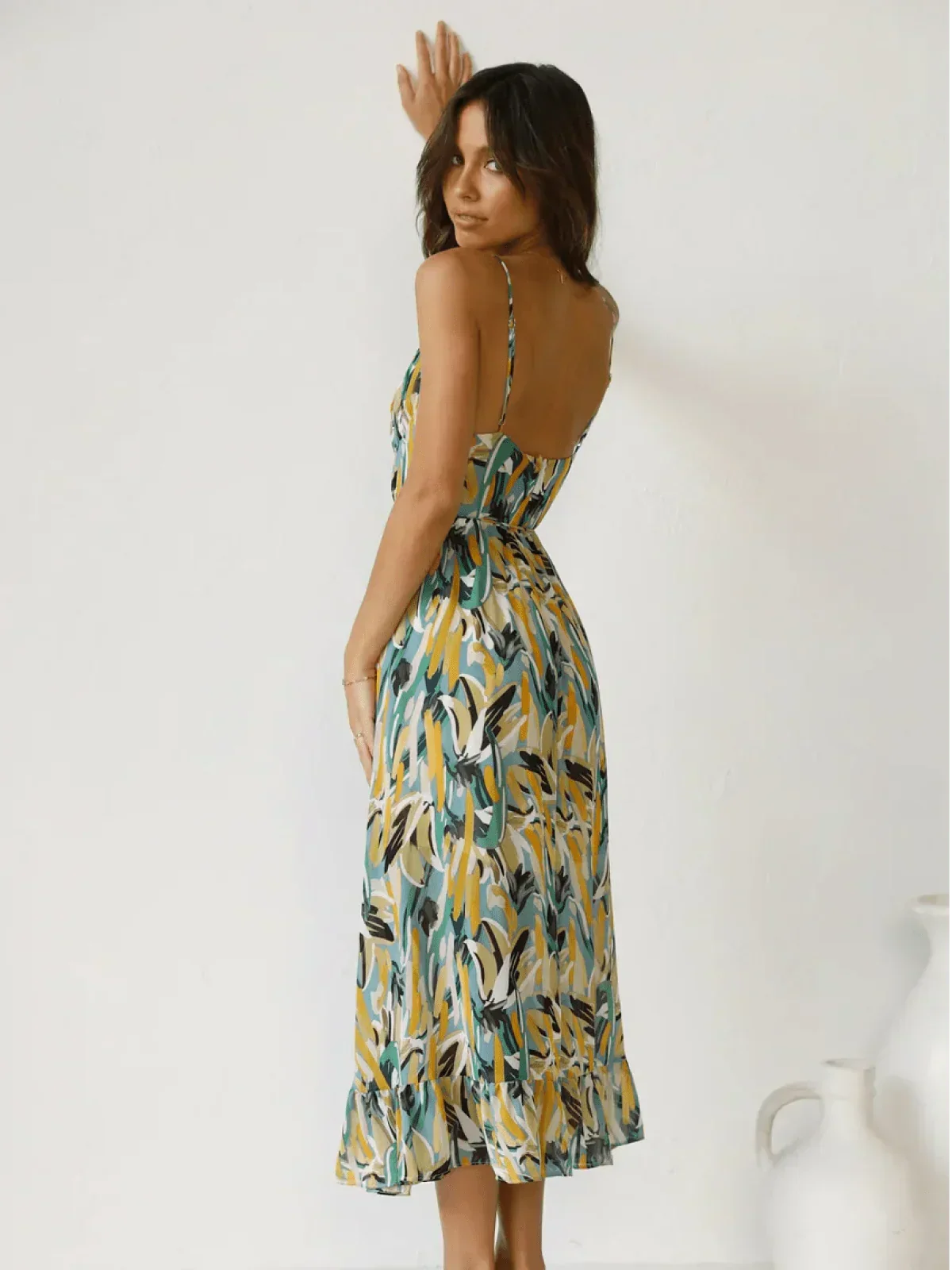 Abstract Brushstroke Print Spaghetti Strap Ruffle Hem Midi Dress