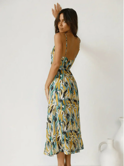 Abstract Brushstroke Print Spaghetti Strap Ruffle Hem Midi Dress