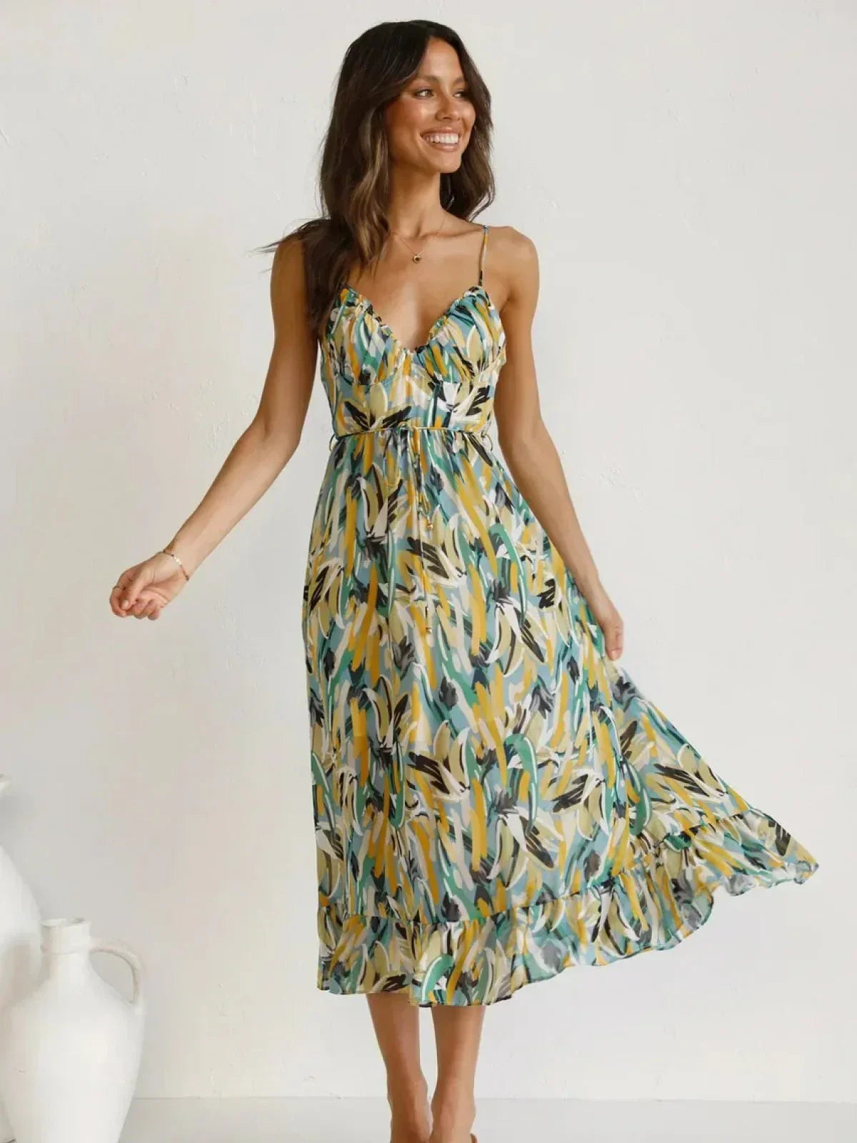 Abstract Brushstroke Print Spaghetti Strap Ruffle Hem Midi Dress
