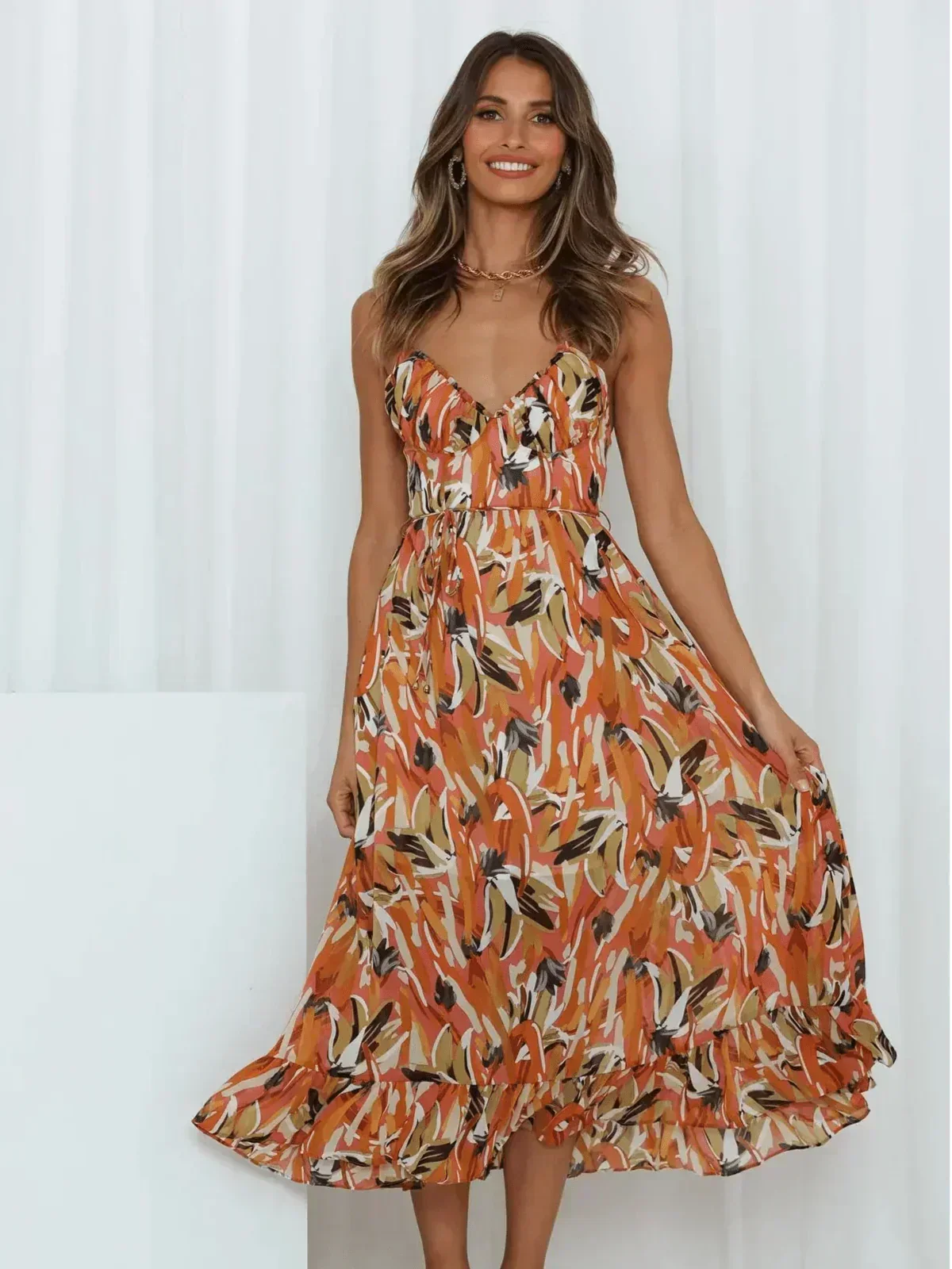 Abstract Brushstroke Print Spaghetti Strap Ruffle Hem Midi Dress