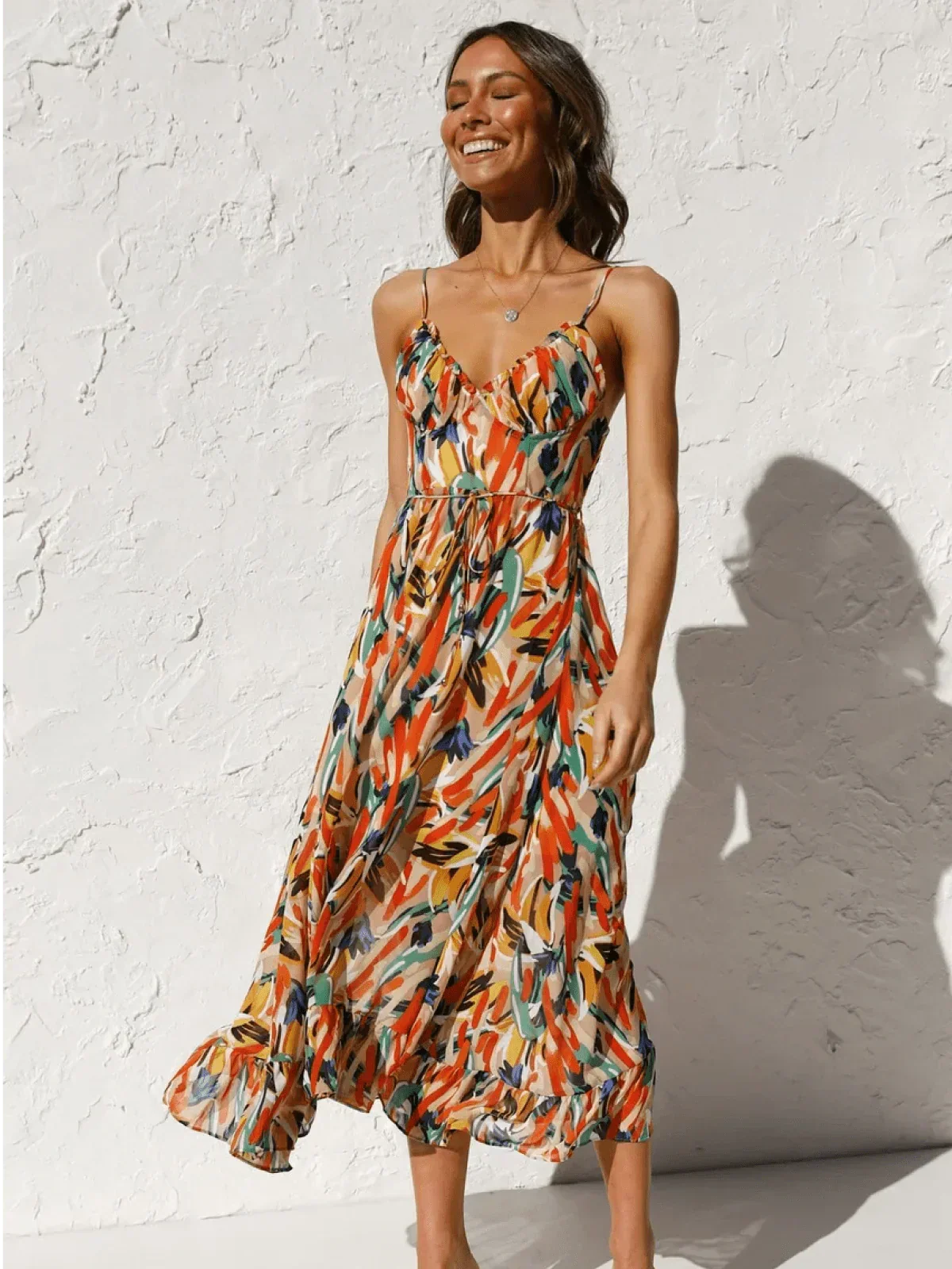 Abstract Brushstroke Print Spaghetti Strap Ruffle Hem Midi Dress