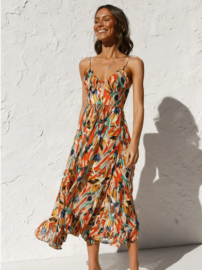 Abstract Brushstroke Print Spaghetti Strap Ruffle Hem Midi Dress