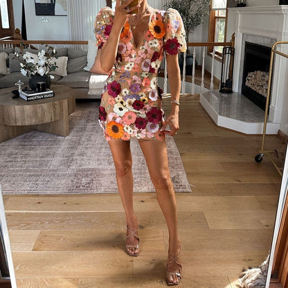 V Neck Puff Sleeve 3D Floral Appliqué Mesh Overlay Mini Dress