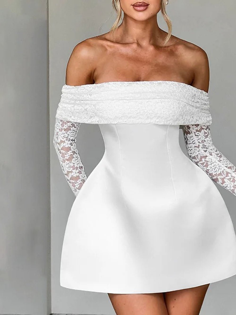 Off-the-Shoulder Lace Trim Long Sleeve Princess Seam Fit and Flare Mini Dress