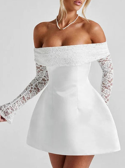 Off-the-Shoulder Lace Trim Long Sleeve Princess Seam Fit and Flare Mini Dress