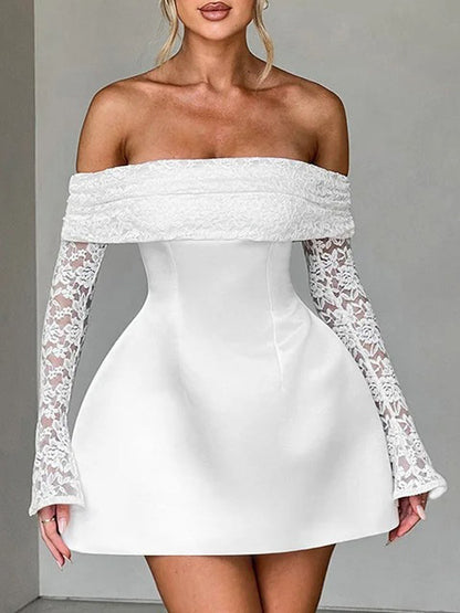 Off-the-Shoulder Lace Trim Long Sleeve Princess Seam Fit and Flare Mini Dress