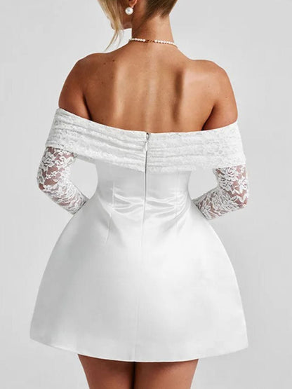 Off-the-Shoulder Lace Trim Long Sleeve Princess Seam Fit and Flare Mini Dress