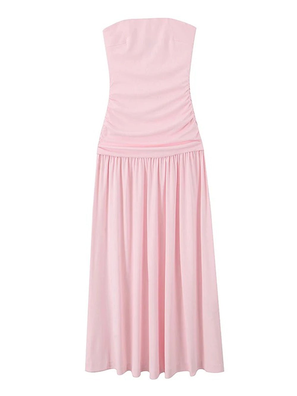 Strapless Ruched Bodice Pleated Flowy Maxi Dress